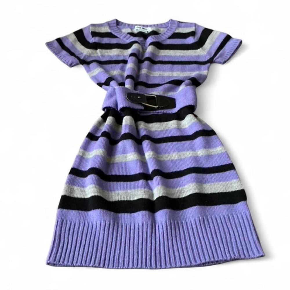2000s Blue Heart Purple, Black & Gray Striped Knit V-Neck Mini Sweater Dress